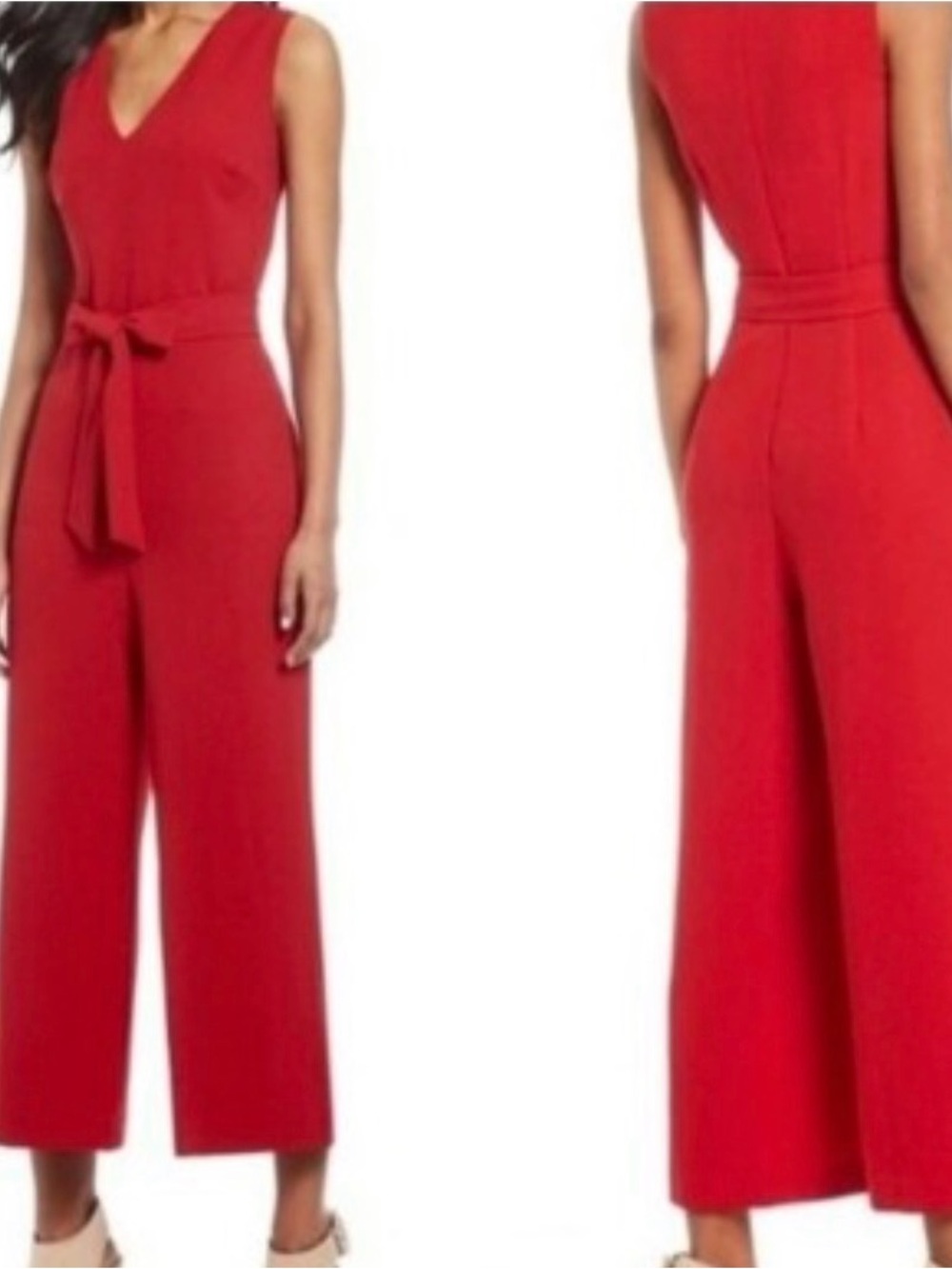 Emma & Michele Sleeveless Red V-Neck Wide-Leg Jumpsuit with Waist Tie Size 12